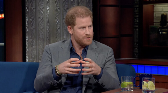 Le prince Harry sur le plateau de l'émission "The Late Show With Stephen Colbert" à New York, le 12 janvier 2023. © JLPPA/CBS/Bestimage 