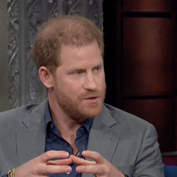 Le prince Harry sur le plateau de l'émission "The Late Show With Stephen Colbert" à New York, le 12 janvier 2023. © JLPPA/CBS/Bestimage 