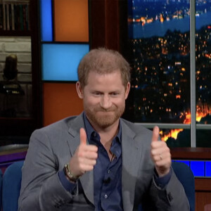 Le prince Harry sur le plateau de l'émission "The Late Show With Stephen Colbert" à New York, le 12 janvier 2023. © JLPPA/CBS/Bestimage 