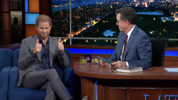 Le prince Harry sur le plateau de l'émission "The Late Show With Stephen Colbert" à New York, le 12 janvier 2023. © JLPPA/CBS/Bestimage 