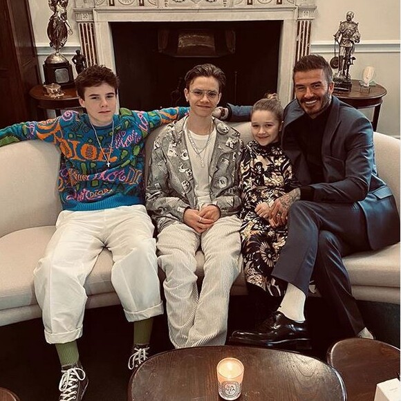 David Beckham et ses trois enfants Cruz, Romeo et Harper assistent au défilé Victoria Beckham (collection automne-hiver 2020-2021) à la Banqueting House. Londres, le 16 février 2020.