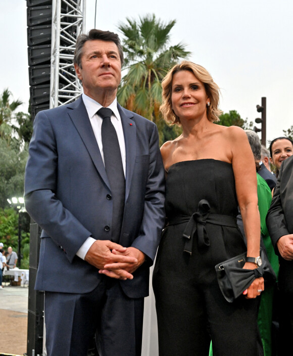 Exclusif - Christian Estrosi, le maire de Nice, et sa femme Laura Tenoudji Estrosi durant "Lou Festin Nissart", un diner amical et convivial autour de Christian Estrosi, le maire de Nice, au jardin Albert 1er sur la Coulée Verte à Nice le 2 septembre 2022. © Bruno Bebert/Bestimage