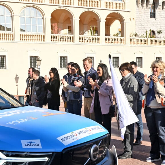 La princesse Stéphanie de Monaco, accompagnée de Dominique Serra, fondatrice et organisatrice du rallye, mais aussi de la ministre de l'économie et des finances du Maroc Nadia Fettah Alaoui et du parrain de coeurde la course, Jean Marc Généreux, a donné le départ de la 32ème édition du Rallye des Gazelles "Rallye Aïcha des e-gazelles" sur la place du palais princier à Monaco, le 4 mars 2023 avant le départ de l'ensemble des équipages à Nice. © Bruno Bebert/Bestimage