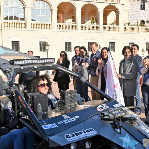 La princesse Stéphanie de Monaco, accompagnée de Dominique Serra, fondatrice et organisatrice du rallye, mais aussi de la ministre de l'économie et des finances du Maroc Nadia Fettah Alaoui et du parrain de coeurde la course, Jean Marc Généreux, a donné le départ de la 32ème édition du Rallye des Gazelles "Rallye Aïcha des e-gazelles" sur la place du palais princier à Monaco, le 4 mars 2023 avant le départ de l'ensemble des équipages à Nice. © Bruno Bebert/Bestimage