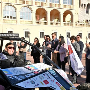 La princesse Stéphanie de Monaco, accompagnée de Dominique Serra, fondatrice et organisatrice du rallye, mais aussi de la ministre de l'économie et des finances du Maroc Nadia Fettah Alaoui et du parrain de coeurde la course, Jean Marc Généreux, a donné le départ de la 32ème édition du Rallye des Gazelles "Rallye Aïcha des e-gazelles" sur la place du palais princier à Monaco, le 4 mars 2023 avant le départ de l'ensemble des équipages à Nice. © Bruno Bebert/Bestimage