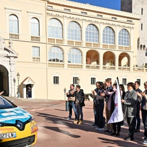 La princesse Stéphanie de Monaco, accompagnée de Dominique Serra, fondatrice et organisatrice du rallye, mais aussi de la ministre de l'économie et des finances du Maroc Nadia Fettah Alaoui et du parrain de coeurde la course, Jean Marc Généreux, a donné le départ de la 32ème édition du Rallye des Gazelles "Rallye Aïcha des e-gazelles" sur la place du palais princier à Monaco, le 4 mars 2023 avant le départ de l'ensemble des équipages à Nice. © Bruno Bebert/Bestimage