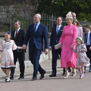Mike et Zara Tindall et leurs filles Mia et Lena, La princesse Beatrice d'York et son mari Edoardo Mapelli Mozzi, Le prince William, prince de Galles, Le prince George de Galles - La famille royale du Royaume Uni arrive à la chapelle Saint George pour la messe de Pâques au château de Windsor le 9 avril 2023. 