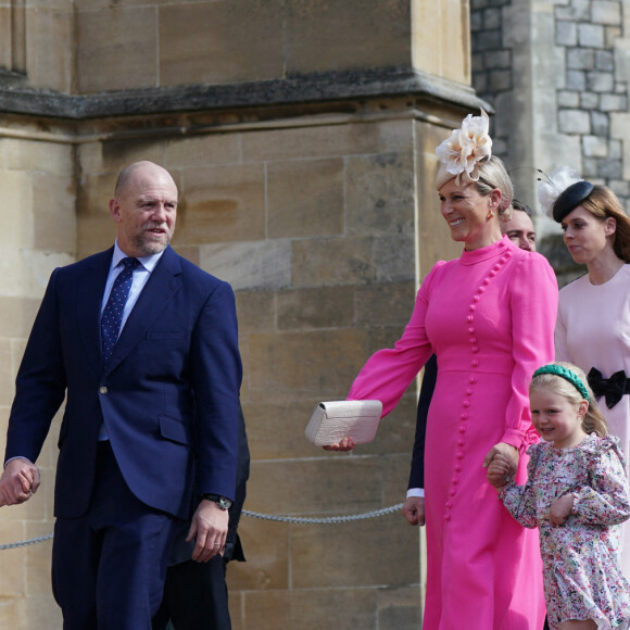 Mike Tindall, sa femme Zara, leurs filles Mia et Lena, La princesse Beatrice d'York, Le prince William, prince de Galles, le prince George - La famille royale du Royaume Uni arrive à la chapelle Saint George pour la messe de Pâques au château de Windsor le 9 avril 2023. 
