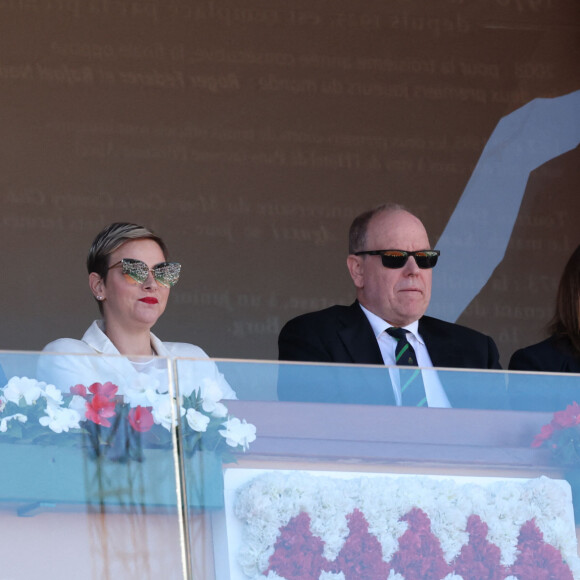 Sean Wittstock, la princesse Charlene de Monaco, le prince Albert II de Monaco, Melanie de Massy - La famille princière de Monaco assiste à la finale homme du tournoi Rolex Monte Carlo Masters 2023 à Roquebrune-Cap-Martin. Le 16 avril 2023. © Claudia Albuquerque/Bestimage