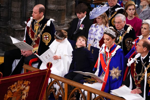 Le prince William, prince de Galles, et Catherine (Kate) Middleton, princesse de Galles, La princesse Charlotte de Galles, Le prince Louis de Galles - Les invités à la cérémonie de couronnement du roi d'Angleterre à l'abbaye de Westminster de Londres, Royaume Uni, le 6 mai 2023. 