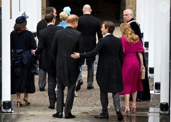 Le prince Harry, duc de Sussex, La princesse Beatrice d'York et son mari Edoardo Mapelli Mozzi et Le prince Andrew, duc d'York - Les invités arrivent à la cérémonie de couronnement du roi d'Angleterre à l'abbaye de Westminster de Londres, Royaume Uni, le 6 mai 2023 <br /><br />