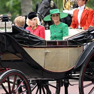 La reine consort Camilla Parker Bowles et Kate Catherine Middleton, princesse de Galles - La famille royale d'Angleterre lors du défilé "Trooping the Colour" à Londres. Le 17 juin 2023.