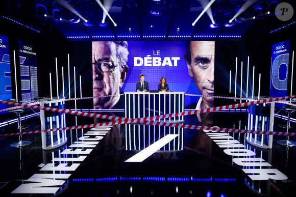 Aurelie Casse and Maxime Switek on the TV set of BFMTV for a debate with Eric Zemmour and Jean Luc Melenchon, in Paris on September 23, 2021. Photo by Raphael Lafargue/ABACAPRESS.COM