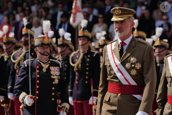 Le roi Felipe VI et la reine Letizia d'Espagne, présentent les Despachos et les nominations aux nouveaux officiers de l'armée et de la garde civile à Saragosse, Espagne, le 7 juillet 2023. 