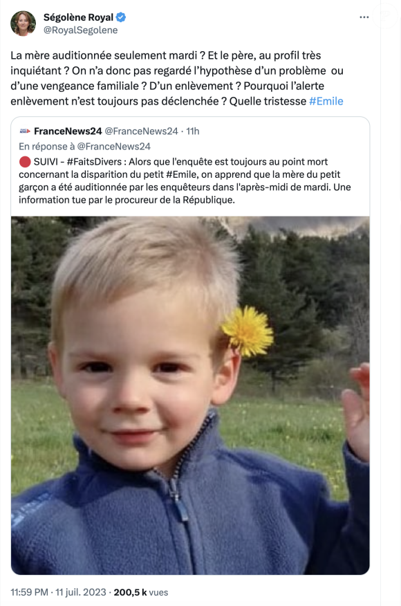 Le tweet de Ségolène Royal sur la disparition du petit Émile.