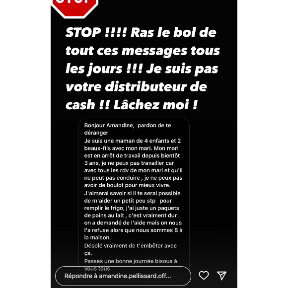 Une abonnée lui demandait de l'argent
Amandine Pellissard, Instagram.
