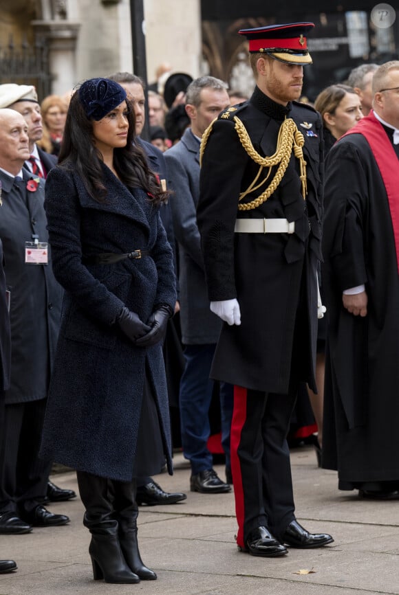 Le prince Harry, duc de Sussex, et Meghan Markle, duchesse de Sussex, assistent au 91ème 'Remembrance Day', une cérémonie d'hommage à tous ceux qui sont battus pour la Grande-Bretagne, à Westminster Abbey, le 7 novembre 2019.