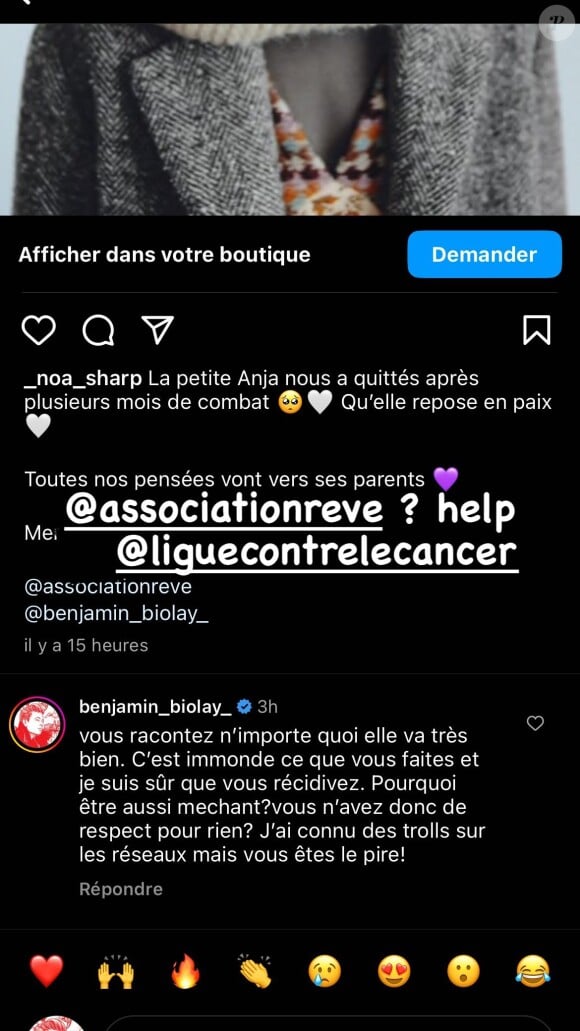 Il a même fini par appeler à l'aide et a été entendu.
Benjamin Biolay s'est montré révolté sur Instagram.