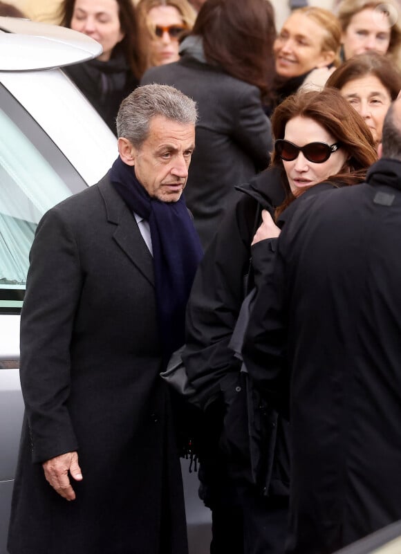 Nicolas Sarkozy et sa femme Carla Bruni-Sarkozy - Sorties des obsèques de Päl Sarkozy de Nagy Bocsa, le père de Nicolas Sarkozy, en l'église Saint-Jean Baptiste à Neuilly sur Seine le 9 mars 2023. © Dominique Jacovides / Bestimage 