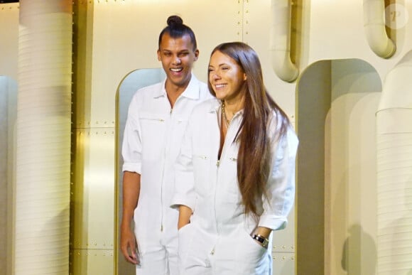 Le chanteur Stromae, sa femme Coralie Barbier (styliste) et son frère Luc Junior Tam (directeur artistique) sont venus présenter au Bon Marché la 5 ème collection de vêtements de leur marque Moseart, à Paris le 6 avril 2018.