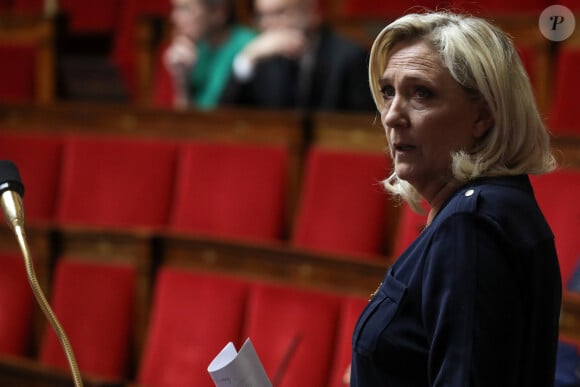 Marine Le Pen, présidente du groupe Rassemblement National à l'Assemblée nationale - Séance de questions au gouvernement à l'assemblée nationale, Paris, le 4 juillet 2023 © Stéphane Lemouton / Bestimage