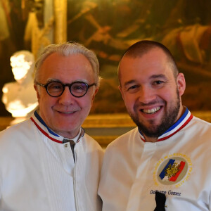 Le chef Alain Ducasse et le chef des cuisines de l'Elysée Guillaume Gomez - Le président de la République française lors de la réception "Choose France" au château de Versailles, France, le 22 janvier 2018. © Christian Liewig/Pool/Bestimage