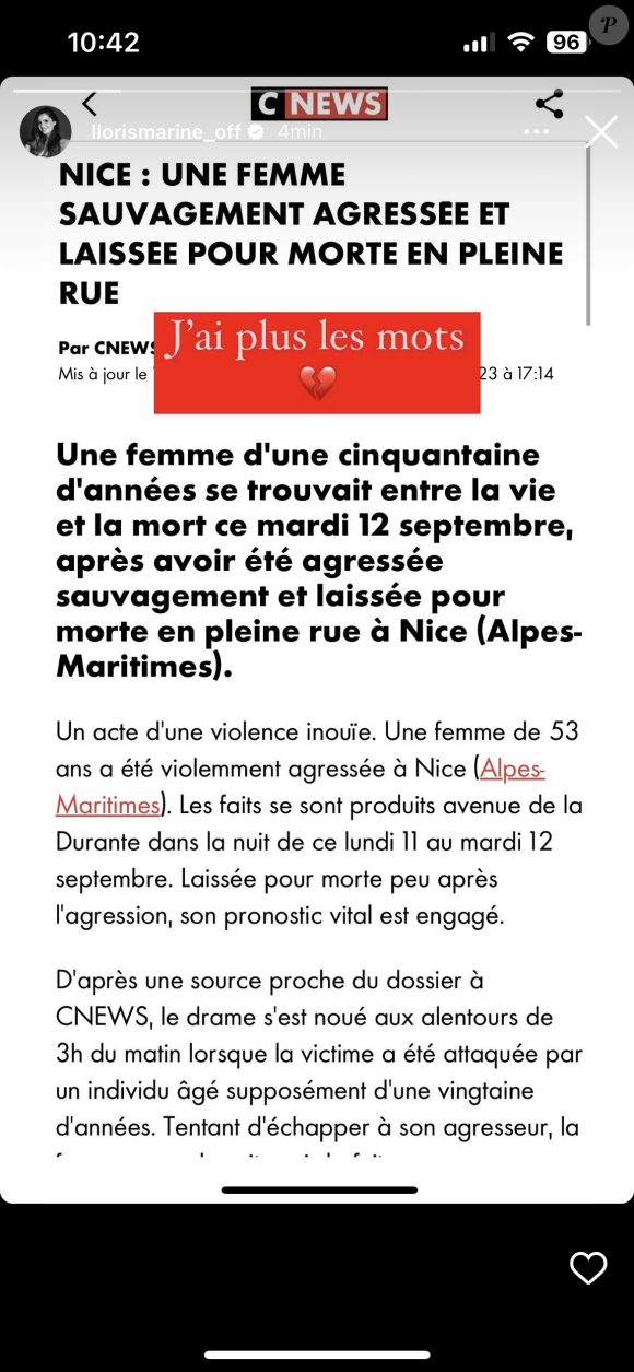 "J'ai plus les mots", a réagi Marine Lloris, ajoutant un emoji en forme de coeur fendu en deux
 