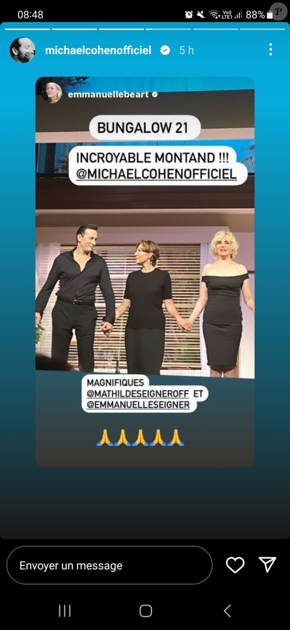 Et ce samedi 16 septembre, c'est l'actrice qui est allée le soutenir, alors que l'acteur était sur la scène du théâtre de la Madeleine.
Emmanuelle Béart, précieux soutien pour son ex Michaël Cohen, dans la pièce Bungalow 21