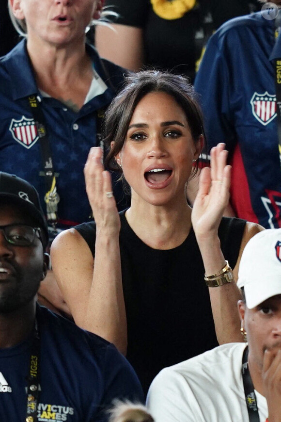 Le prince Harry, duc de Sussex, et sa femme Meghan Markle, duchesse de Sussex, assistent aux finales de natation à la Merkur Spiel-Arena lors des Jeux Invictus à Düsseldorf, en Allemagne, le mercredi 13 septembre 2023. 