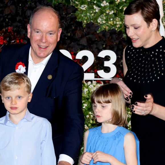 Le prince Albert II de Monaco, La princesse Charlène de Monaco, Le prince Jacques de Monaco, marquis des Baux, La princesse Gabriella de Monaco, comtesse de Carladès - "Le rocher en fête" la principauté de Monaco fête le centenaire du prince Rainier III à Monaco, le 31 mai 2023.