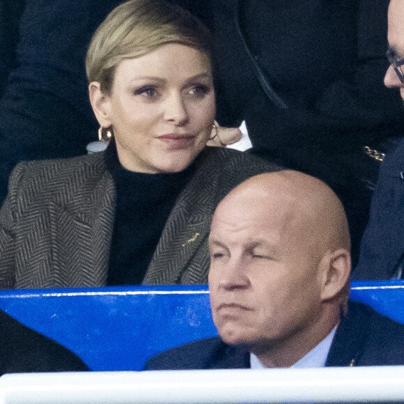 Le prince Albert II de Monaco et La princesse Charlene de Monaco - La princesse Charlene de Monaco laisse éclater sa joie lors de la victoire de l'Afrique du Sud à la finale de la coupe du monde de rugby au stade de France le 28 octobre 2023. © Cyril Moreau / Bestimage 
