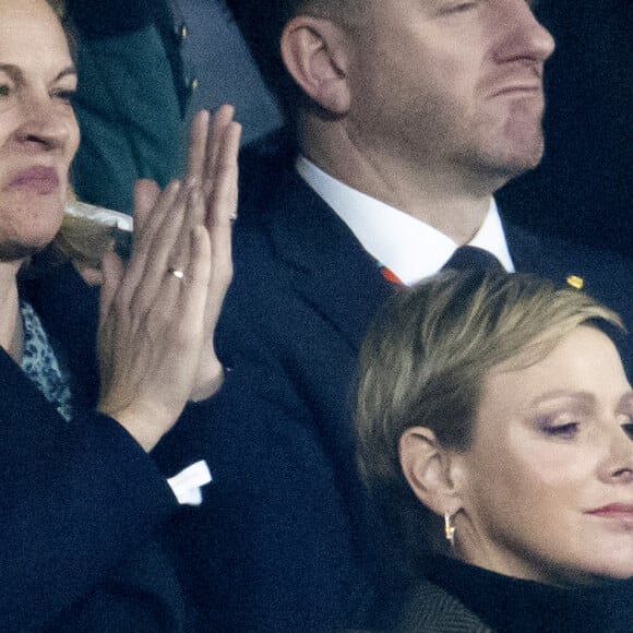 La princesse Charlene de Monaco et le prince Albert II - La princesse Charlene de Monaco laisse éclater sa joie lors de la victoire de l'Afrique du Sud à la finale de la coupe du monde de rugby au stade de France le 28 octobre 2023. © Cyril Moreau / Bestimage 