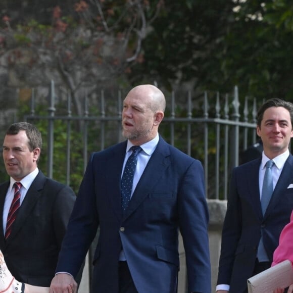 Mike et Zara Tindall et leurs filles Mia et Lena, La princesse Beatrice d'York et son mari Edoardo Mapelli Mozzi, Le prince William, prince de Galles, Le prince George de Galles - La famille royale du Royaume Uni arrive à la chapelle Saint George pour la messe de Pâques au château de Windsor le 9 avril 2023. 