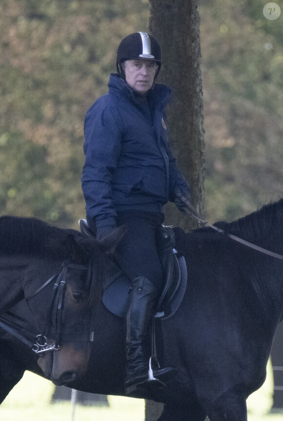 Exclusif - Le prince Andrew, duc d'York, lors d'une sortie à cheval dans le parc du château de Windsor, le 28 octobre 2023.