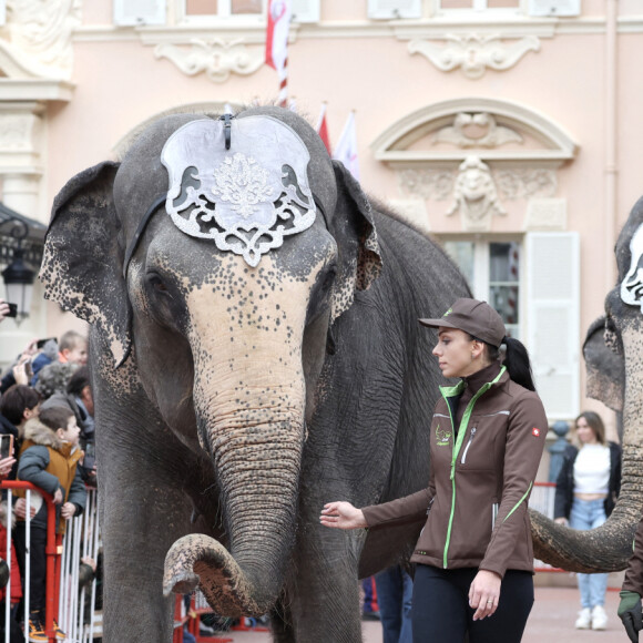Illustration parade et artistes - La famille princière Monégasque lors de la Grande Parade du Cirque et de l'Open Air Circus Show pour fêter le Centenaire de la naissance du Prince Rainier III et les 50 ans du Festival International du Cirque de Monte-Carlo sur la place du palais princier le 13 janvier 2024. © Claudia Albuquerque / Bestimage 