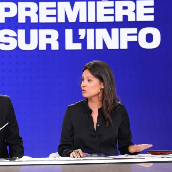 Marc-Olivier Fogiel et Apolline de Malherbe lors de la conférence de presse de rentrée BFM TV. - RMC du groupe Altice France à Paris, France, le 31 août 2023. © Coadic Guirec/Bestimage