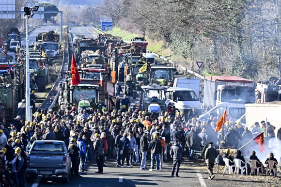 Manifestation des agriculteurs sur l'autoroute A62 à hauteur d'Agen, le 25 janvier 2024. © Thierry Breton / Panoramic / Bestimage