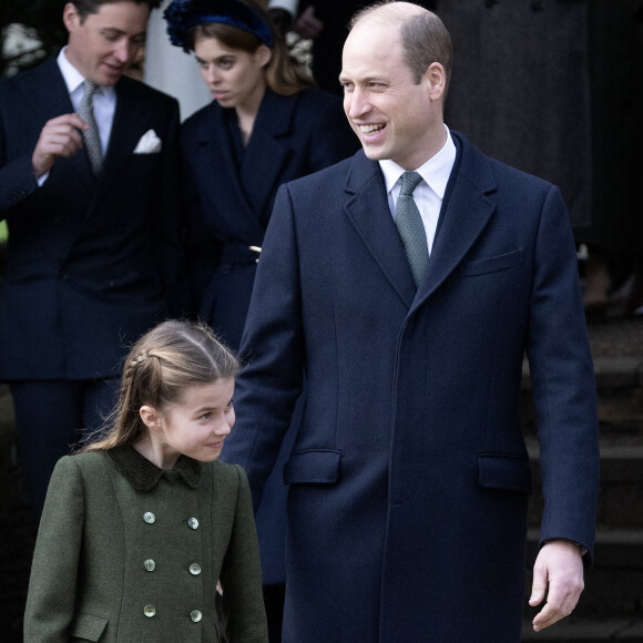 Le prince William, prince de Galles, la princesse Charlotte de Galles - Les membres de la famille royale britannique lors de la messe du matin de Noël en l'église St-Mary Magdalene à Sandringham, le 25 décembre 2023.