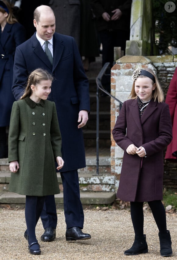 Au cours de sa carrière, il a servi en Afghanistan en 2009 en tant que membre du 42e commando 
Le prince William, prince de Galles, la princesse Charlotte de Galles et Mia Tindall - Les membres de la famille royale britannique lors de la messe du matin de Noël en l'église St-Mary Magdalene à Sandringham, le 25 décembre 2023.