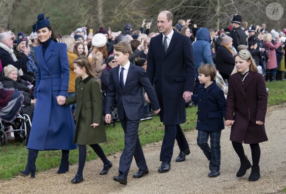 Le prince William, Kate Middleton avec leurs enfants le prince George, la princesse Charlotte et le prince Louis - Messe de Noël en l'église St Mary Magdalene à Sandringham, Norfolk. Le 25 décembre 2023.