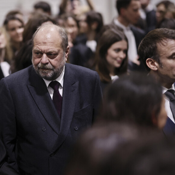 Emmanuel Macron, président de la République Française, assiste a la prestation de serment de plus de 450 auditeurs de Justice reunis au Palais des Congres en présence de Gérald Darmanin, ministre de l'Intérieur et des Outre-mer, et d'Éric Dupond-Moretti, garde des Sceaux, ministre de la Justice. Bordeaux, le 9 février 2024.