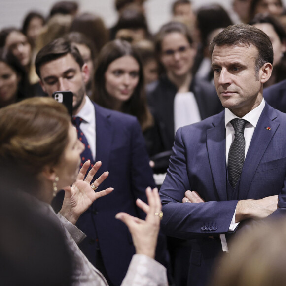 Emmanuel Macron, président de la République Française, assiste a la prestation de serment de plus de 450 auditeurs de Justice reunis au Palais des Congres en présence de Gérald Darmanin, ministre de l'Intérieur et des Outre-mer, et d'Éric Dupond-Moretti, garde des Sceaux, ministre de la Justice. Bordeaux, le 9 février 2024.