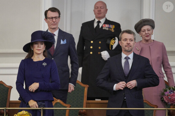 Le roi Frederik X, la reine Mary, la reine Margrethe II, le prince Joachim - La famille royale de Danemark lors de la réception donnée à l'occasion du changement de trône au Parlement danois (Folketing) au palais de Christiansborg à Copenhague. Le 15 janvier 2024