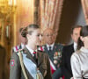 C'est une rare apparition pour la jeune Leonor, qui étudie à Zaragoza. 
Le roi Felipe VI, la reine Letizia d'Espagne et la princesse Leonor lors de la réception militaire de Pâques au Palais Royal, le 6 janvier 2024 à Madrid, Espagne, le 6 janvier 2024. 