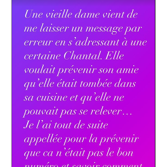 Sur Instagram, elle a expliqué qu'elle avait reçu par erreur un appel d'une dame qui venait de tomber dans sa cuisine
Faustine Bollaert vient en aide à une personne âgée et raconte tout en story Instagram, le 18 mars 2024