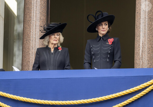 Camilla Parker Bowles, reine consort d'Angleterre, Catherine (Kate) Middleton, princesse de Galles - La famille royale honore les disparus des deux guerres mondiales lors de la cérémonie Remembrance Sunday ( Dimanche du souvenir ) au Cénotaphe à Londres le 12 novembre 2023. 