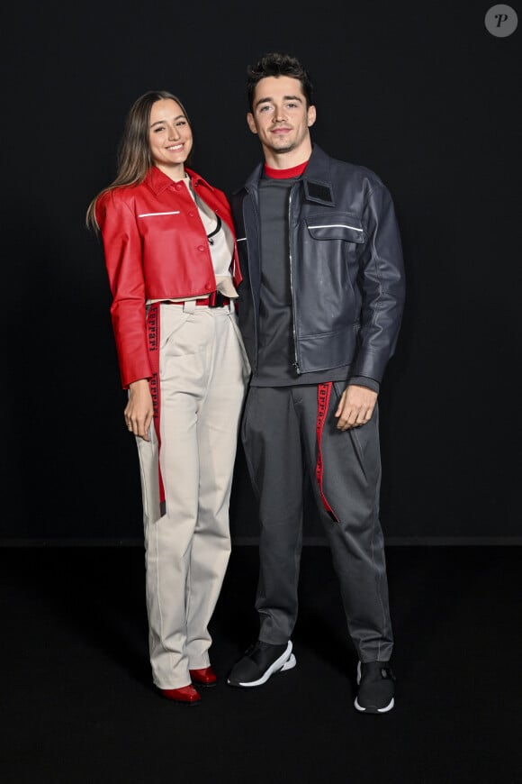 Charlotte Sine et Charles Leclerc - People dans les backstage du défilé de mode automne-hiver 2022/2023 "Ferrari" lors de la fashion week de Milan. Le 27 février 2022