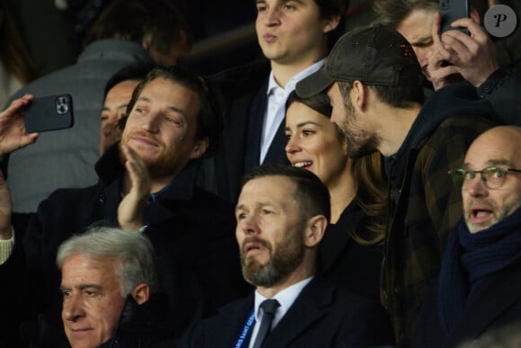 Exclusif - Jean Sarkozy, Louis Sarkozy et sa femme Natali Husic - People en tribunes du match de Ligue 1 Uber Eats "PSG contre Reims" (1-1) au Parc des Princes à Paris le 29 janvier 2023.