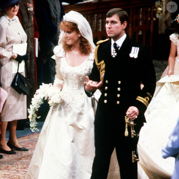 23/07/86. Le duc et de la duchesse d'York lors de leur cérémonie de mariage à l'abbaye de Westminster, à Londres. PA Wire /ABACAPRESS.COM