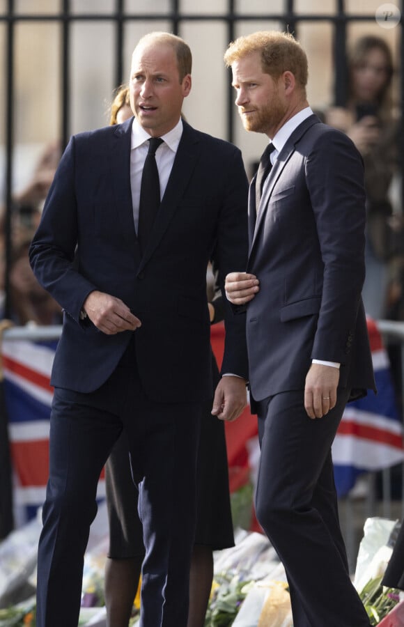 William jaloux d'Harry ?
Le prince de Galles William, le prince Harry, duc de Sussex à la rencontre de la foule devant le château de Windsor, suite au décès de la reine Elisabeth II d'Angleterre.